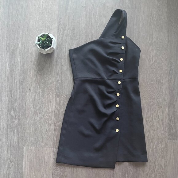 SANDRO Black “Melinda” One Shoulder Mini Dress with Gold Buttons - Picture 14 of 15